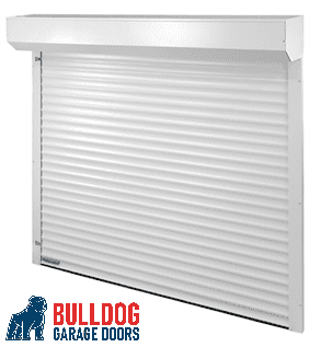 Picture of a white roller garage door from Inside in a closed position.