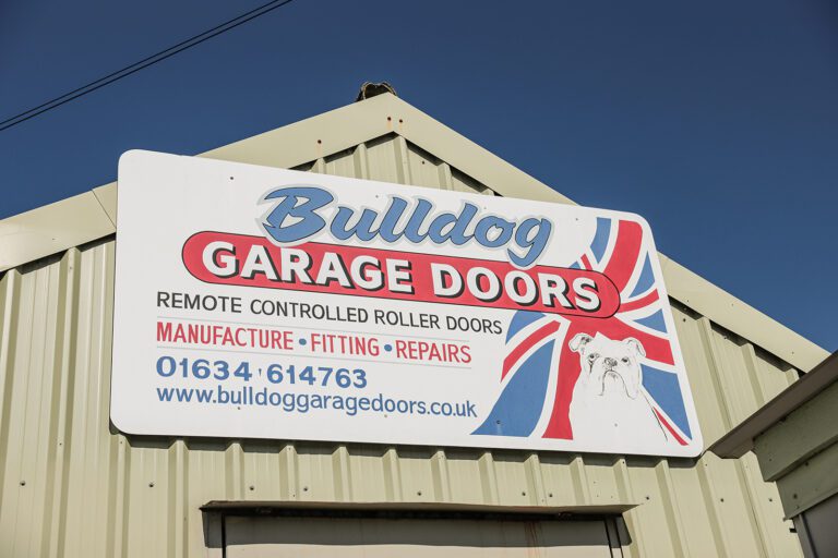 Bulldog Garage Doors Sign on outside of their factory where remote controlled roller doors are manfactured.