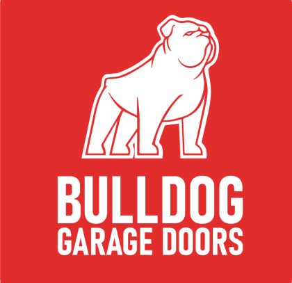 Bulldog Garage Doors Logo - white on a red background.