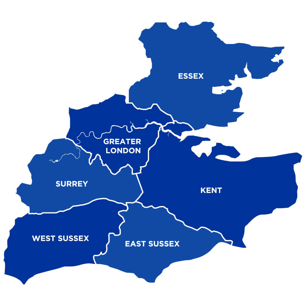 Bulldog Garage Doors map of service areas including Essex, Kent, East & West Sussex & Surrey along with some of London